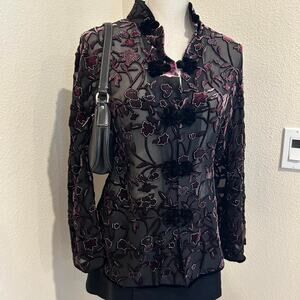 Black velvet floral button up sheer viscose/ silk blouse. Size large